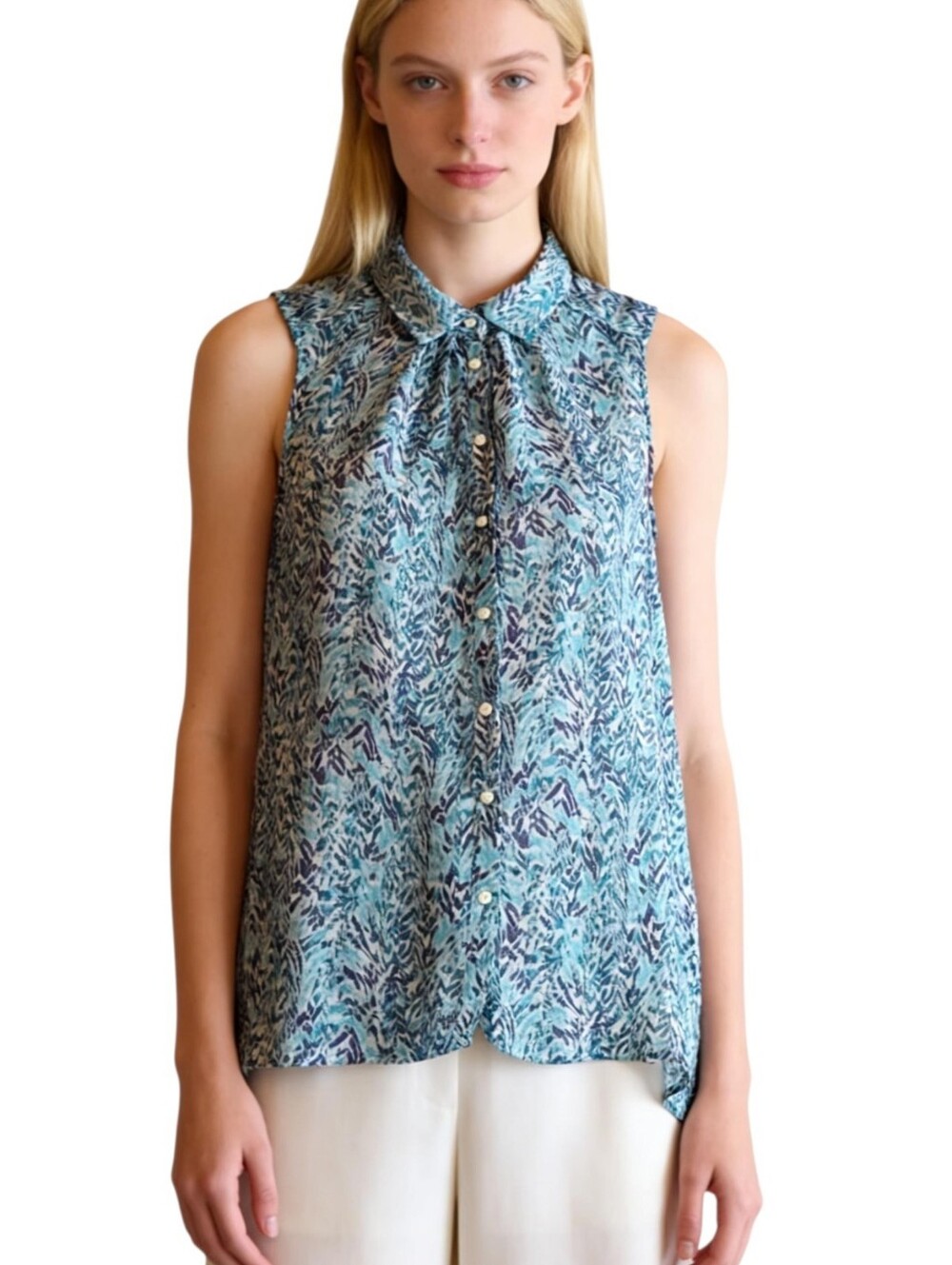 H&M Women's Top Sleeveless High-Low Button Down Blue Purple Sheer Sz 2